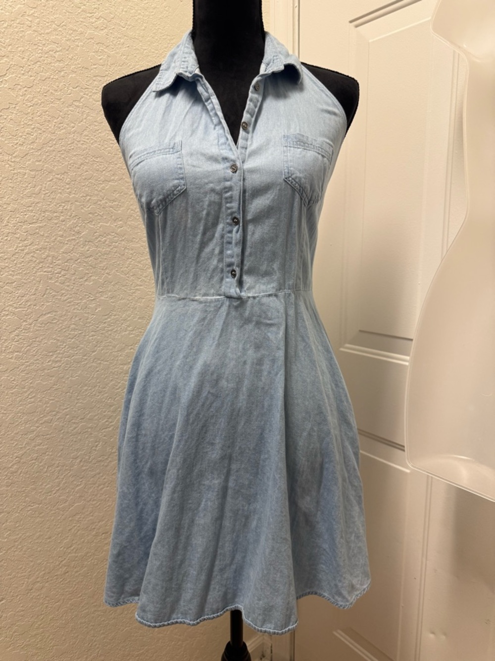 Derek Heart Light Blue Denim Halter Dress